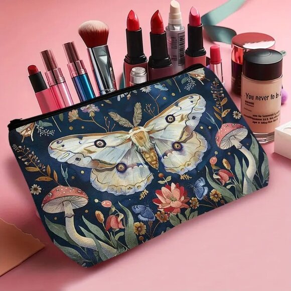 Moth & Floral Print Makeup Bag Lightweight & Stylish with zipper enclosure - Picture 2 of 4